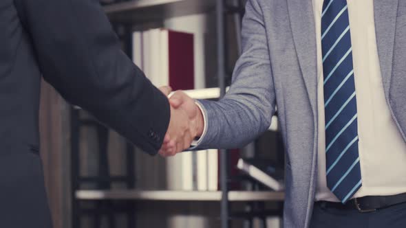 Happy confidence accepts handshaking employer getting hired at a new job.