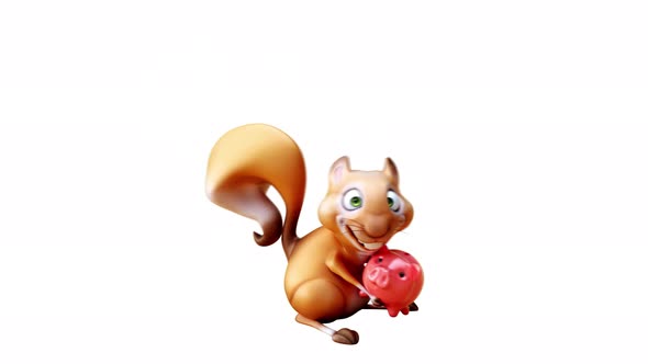 4K Fun 3D cartoon animation of a squirrel with a piggy bank alt