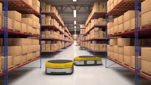 Autonomous robots moving shelves with cardboard boxes in automated warehouse