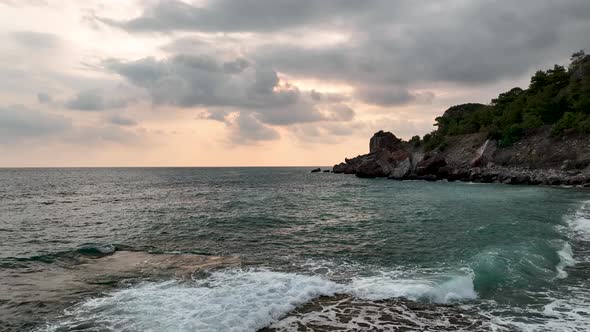 Cloudy summer beach aerial view 4 K Turkey Alanya