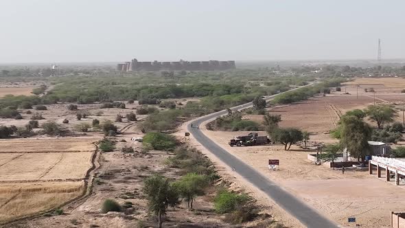Aerial shot of Derawar fort and street view.  Aerial shot Derawar fort Bahawalpur.