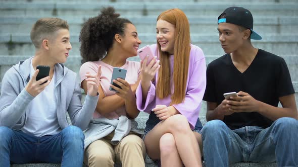 Happy Teen Girl Showing Friends Massage From Beloved, First Feeling, Love