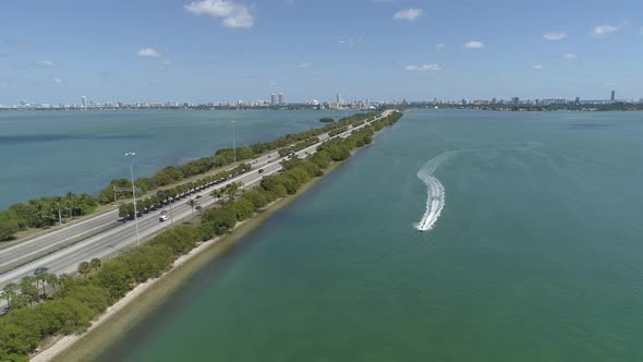 Aerial view of the MacArthur Causeway in the bay