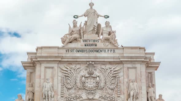 Top of Triumphal Arch at Rua Augusta at Commerce Square Timelapse in Lisbon, Portugal.