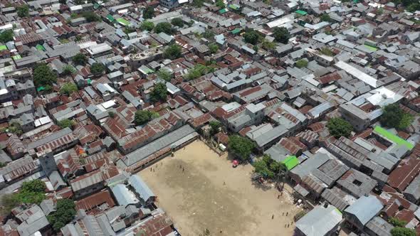 Aerial view of a large slum area along Banani lake, Dhaka, Bangladesh.