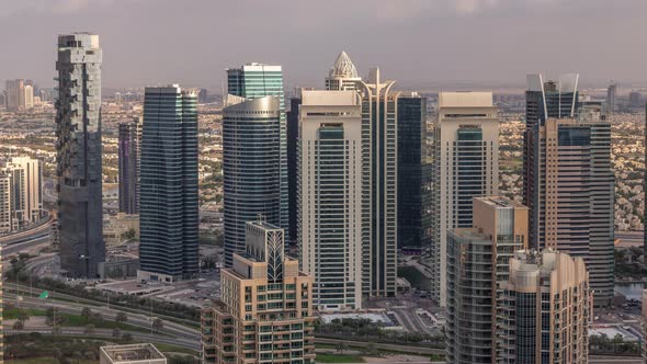 Dubai Marina Skyscrapers and Jumeirah Lake Towers View From the Top Aerial Timelapse in the United