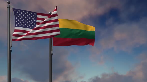 Lithuania Flag Waving Along With The National Flag Of The USA - 4K