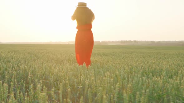 Girl in a Red Dress in a Wheat Field at Sunset
