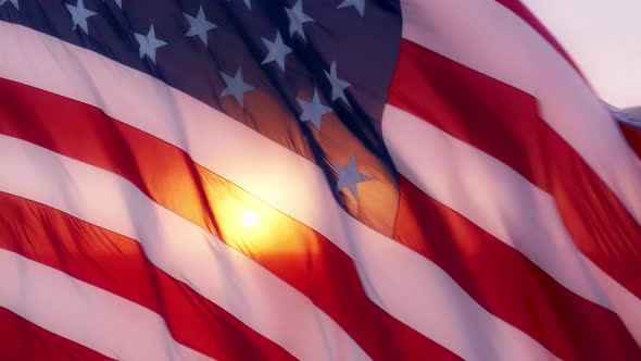 Epic Cinematic Flag of United States of America Powerfully Waving at Sunlight