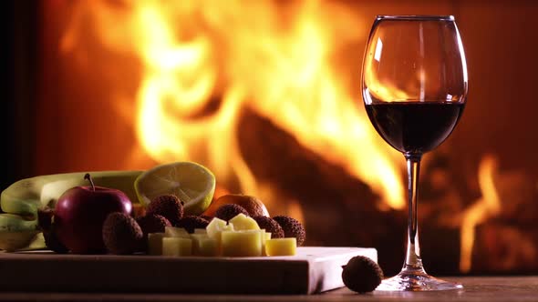 Still Life of a Glass of Wine And Plate With Cheese And Fruit