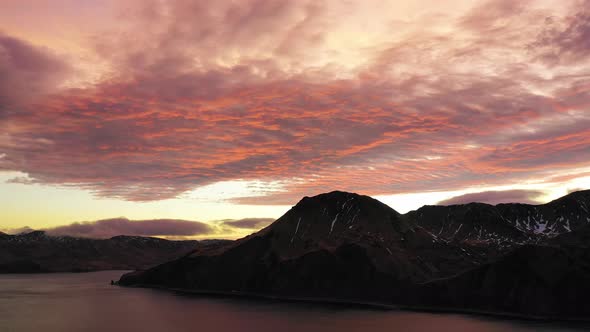 Aerial view of Dutch Harbour at sunset, Unalaska, Alaska, United States.