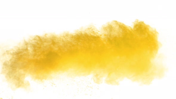 Super Slow Motion Shot of Yellow Powder Explosion Isolated on White Background at 1000Fps