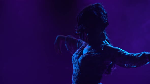 Silhouette of an Attractive Brunette in Lace Dress Dancing Performing Graceful Movements with Her