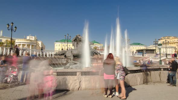 Fountain Four Seasons on Manezh Square in Moscow Timelapse Hyperlapse, Russia