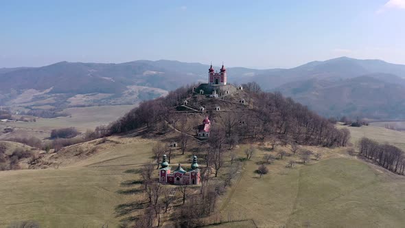Aerial view of Calvary in Banska Stiavnica, Slovakia