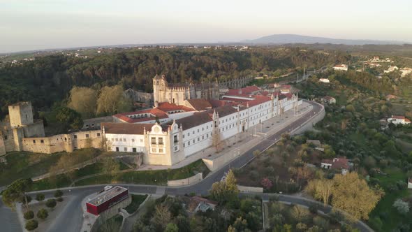 Aerial drone view of Tomar and Convento de cristo christ convent in Portugal