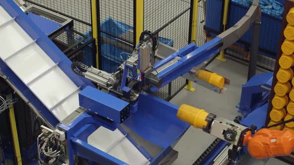 Automatic Robot Arm Assembly Line Manufacturing Advanced High Technology.