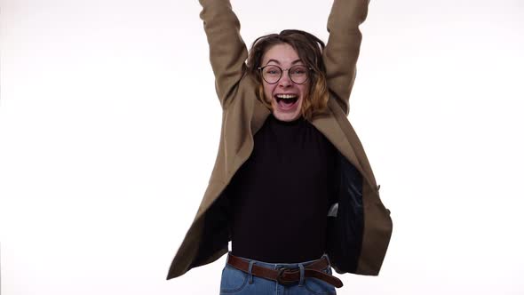 Surprised Excited Happy European Woman on White Background