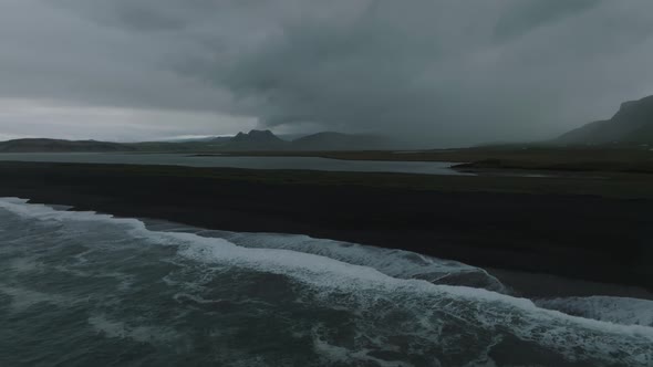 Iceland Black Sand Beach with Huge Waves at Reynisfjara Vik