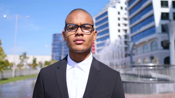 Portrait Of Handsome Serious Businessman Looking Into Camera Outdoors