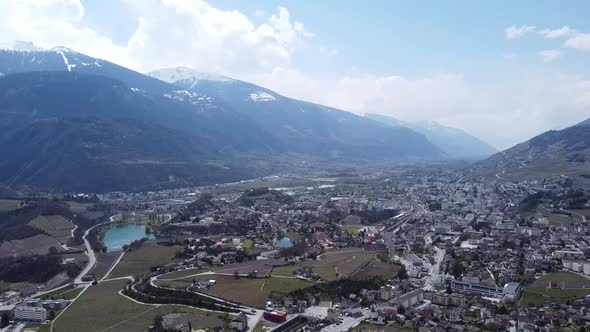 bird's-eye view of the beautiful little mountain village of Sierre in the valais in switzerland, wit