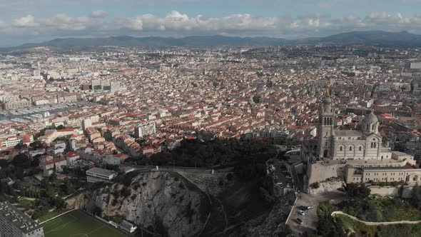 Aerial view of the basilica Notre Dame de la Garde in Marseille. France 2020