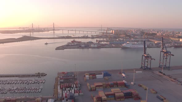 Aerial of a port at sunset