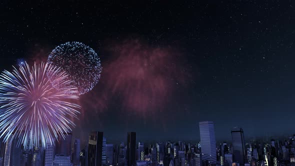 Loop Able. Fly Above Firework Explode Festivities On Dark Urban Skyline Background.