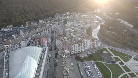 Aerial View Flying Parked Black Luxury Sport Car Roofs Luxury Apartments at Sunrise Mountainresort