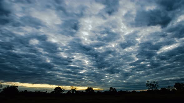 Time lapse sunset sunrise and beautiful twilight fluffy storm cloudy blue and yellow sky