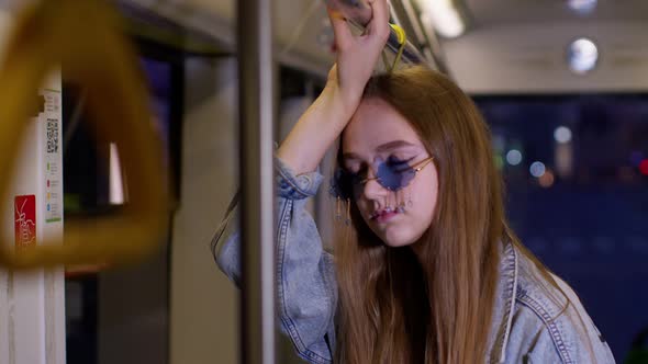 Tired Depressed Stylish Young Woman Stay Alone in Bus Transport After Hard Work Day Falls Asleep