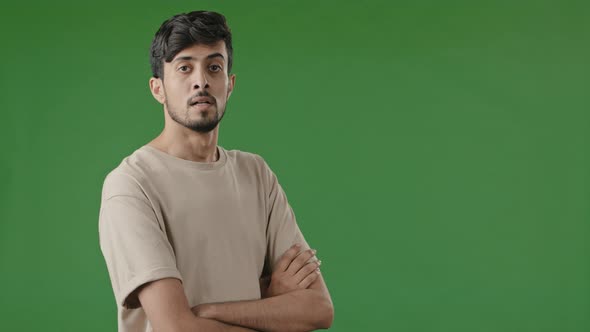 Arabic Young Guy Man Stand on Green Background Hispanic Hindu Adult Male Person Handsome Brunet