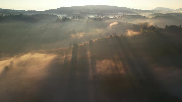 4K Aerial view of Mountains landscape with morning fog.