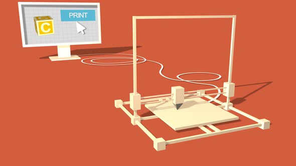 Simple Animation of Printing a child block with a 3D Printer. Red Background.