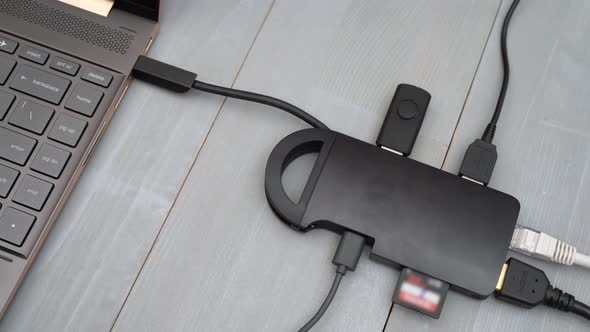 Connecting USB Type C Adapter or Hub to the Laptop with Various Accessories.