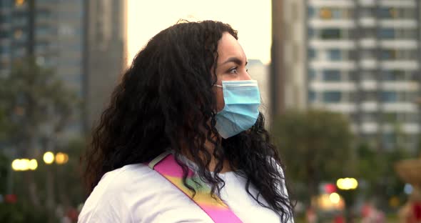 Portrait of a Young Student Woman Wearing a Protective Mask on the Street, Wearing a Ovid-19 Mask