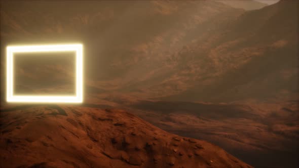 Neon Portal on Mars Planet Surface With Dust Blowing alt