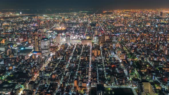 Tokyo Japan skytree view from the observation tower in Sumida at night timelapse looking at the city