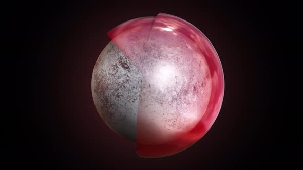 Animation of a white bumpy grunge textured sphere rotating and covered with two orbiting red glass h