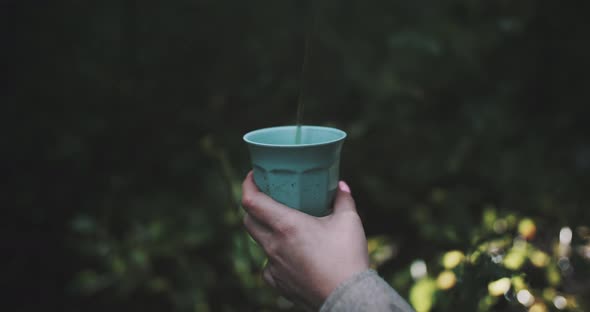 Hot drink is poured into a cup