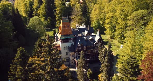 Pelisor Castle In The Romanian Forest Aerial