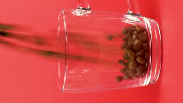 Vertical Video Coffee Bean Quickly Pour Transparent Glass Cup Red Background