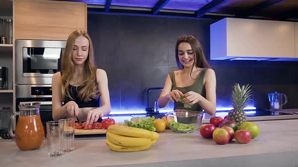 Happy Female Mates which Having Fun in the Cuisine During Preparing Refreshing Natural Salad