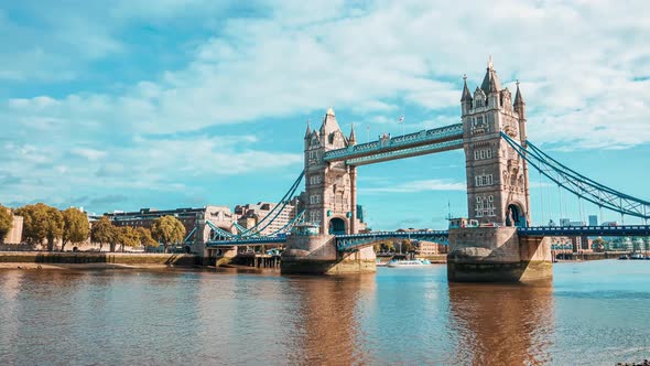 Timelapse of the Tower Bridge Opening the Road to Let Tall Ships Pass Through