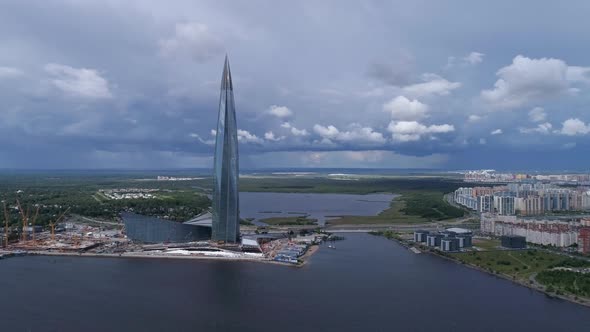 Aerial Around View of Lakhta Center in Russia