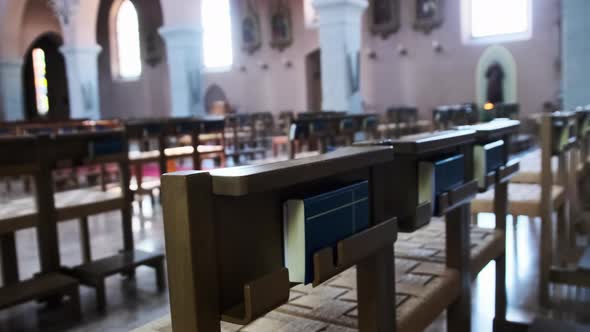 Wooden Pews Inside Catholic Cathedral Benches for Prayers Church Interior