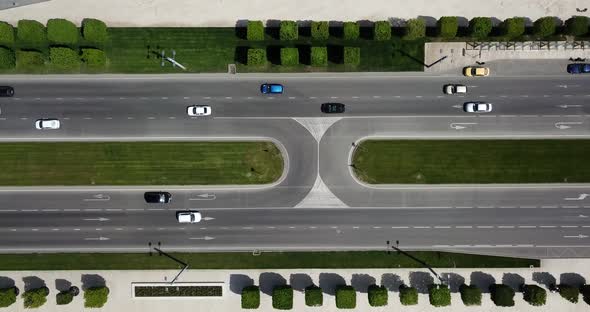 Top Down Aerial City View of Freeway Busy City Road Traffic Jam Highway.