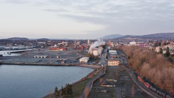 Bellingham Washington Usa Aerial View Train Entering Downtown City Industrial Zone