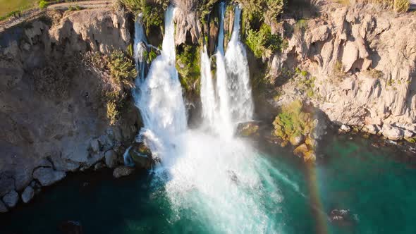 Top View of a High Waterfall Falling Into the Mediterranean Sea. Clean Ecology 