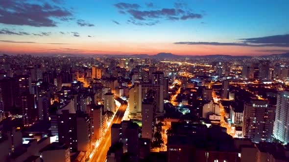 Sunset downtown Sao Paulo Brazil. Downtown district at sunset scenery.